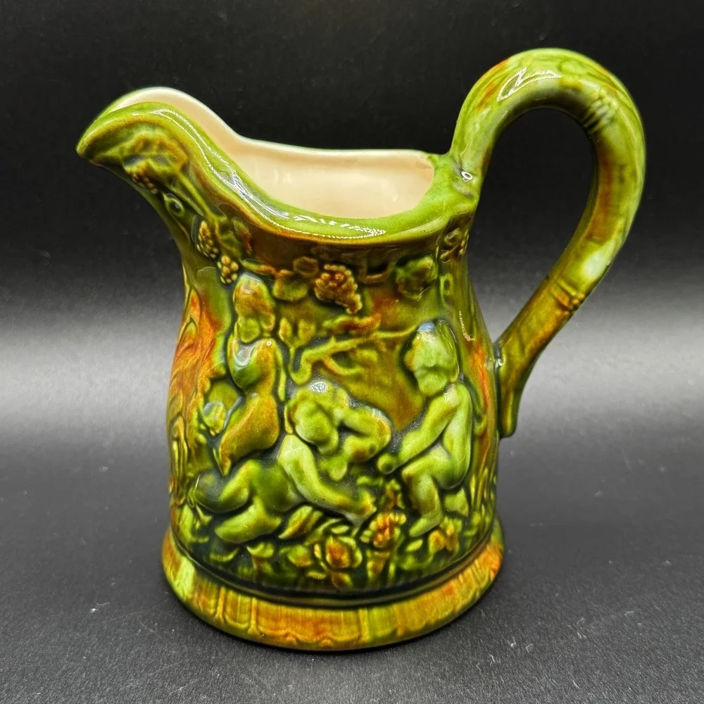 Vintage Norton VA Majolica Cherub Relief Ceramic Pitcher Creamer Jug Cottagecore